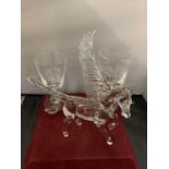 A CRYSTAL GLASS WINGED HORSE BY BONILLA TO INCLUDE TWO COMMEMERATIVE GLASS GOBLETS