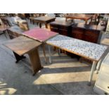 A FORMICA TOP TABLE, TILE TOP TABLE AND OAK OCCASIONAL TABLE