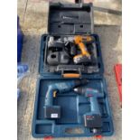 AN ASSORTMENT OF BATTERY POWERED DRILLS TO INCLUDE BOSCH AND WORX