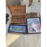 AN ASSORTMENT OF PUB ITEMS TO INCLUDE A HUMIDOR CIGAR AND A COCA-COLA ADVERTISING PRINT ETC