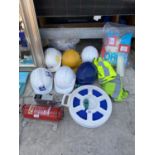 AN ASSORTMENT OF HEALTH AND SAFETY ITEMS TO INCLUDE HI VIZ JACKETS AND HARD HATS ETC