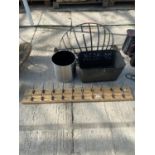 AN ASSORTMENT OF ITEMS TO INCLUDE A LARGE HAYRACK PLANTER AND COAT HOOKS ETC