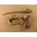 A BRASS BUGLE, COPPER POWDERFLASK AND AN INDIAN KNIFE (3)