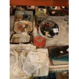 A LARGE QUANTITY OF SEWING PARAPHERNALIA TO INCLUDE LACE ITEMS