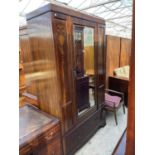 AN EDWARDIAN MAHOGANY AND INLAID MIRROR-DOOR WARDROBE WITH DRAWER TO THE BASE, 47" WIDE