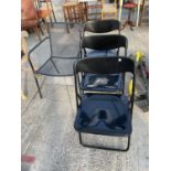 THREE FOLDINMG BLACK CHAIRS AND A FURTHER METAL GARDEN CHAIR