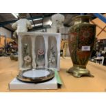 AN ASSORTMENT OF ITEMS TO INCLUDE FLORAL DECORATED BRASS VASE, PHOTO FRAME AND THREE CERAMIC VASES