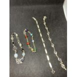 FOUR SILVER BRACELETS WITH VARIOUS STONE DESIGNS