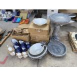 AN ASSORTMENT OF ITEMS TO INCLUDE BIRD BATHS, BLUE AND WHITE JUGS AND TEAPOTS ETC