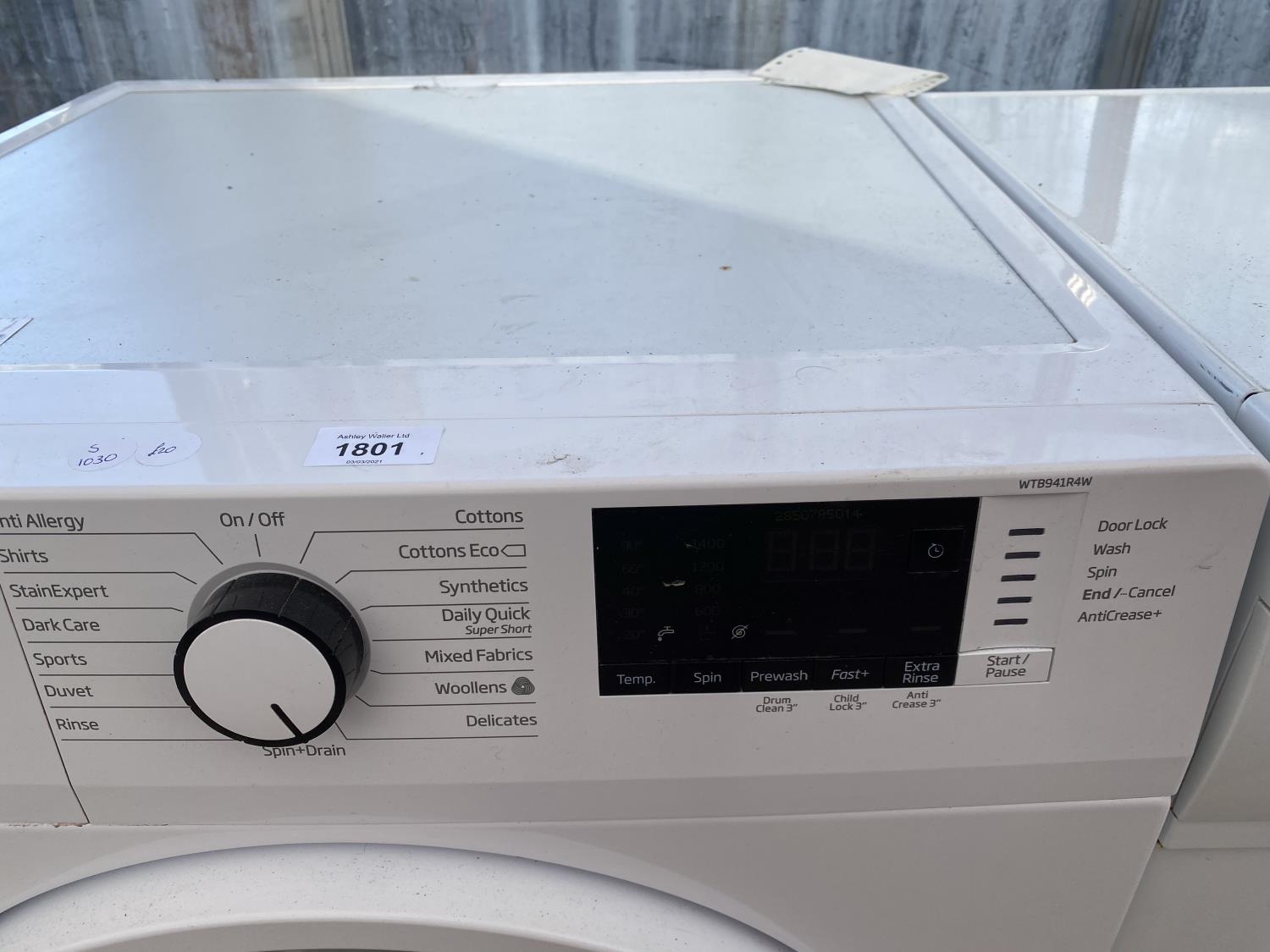 A WHITE BEKO 9KG WASHING MACHINE BELIEVED IN WORKING ORDER BUT NO WARRANTY - Image 3 of 4