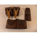 AN OLD LEATHER AMMUNITION POUCH, FURTHER POUCH AND A FROG (3)