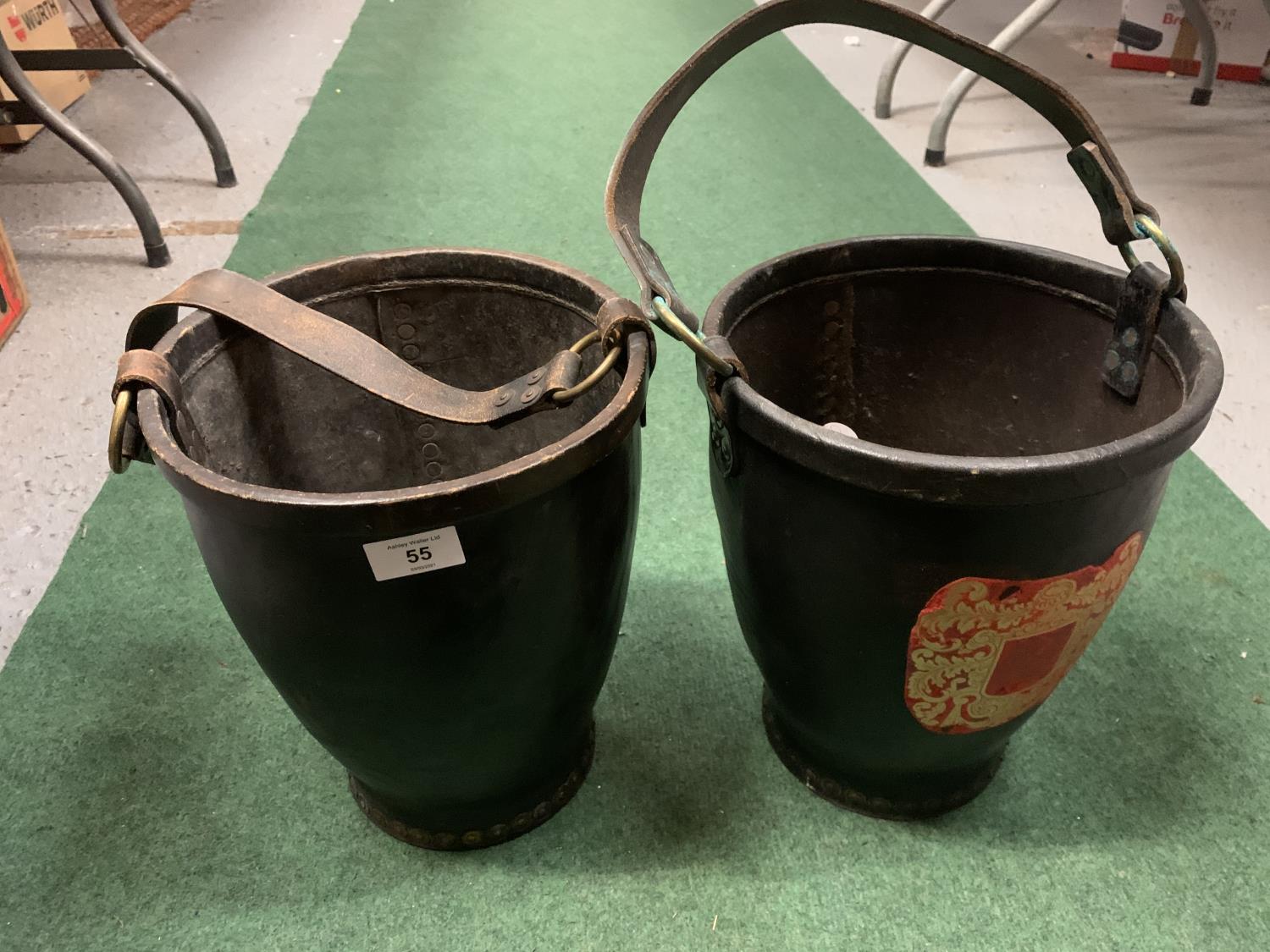 A PAIR OF VINTAGE LEATHER HORSE BUCKETS WITH STRAPS