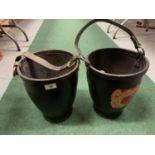 A PAIR OF VINTAGE LEATHER HORSE BUCKETS WITH STRAPS