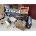 AN ASSORTMENT OF ITEMS TO INCLUDE A VINTAGE SHELVING UNIT, WOODEN CRATE AND BRIEFCASE ETC