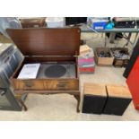 A PANASONIC RECORD PLAYER IN A WOODEN TABLE WITH A PAIR OF PANASONIC SPEAKERS