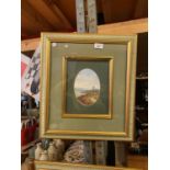 A PAIR OF GREEN AND GILT FRAMED PICTURES