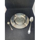 THREE HALLMARKED SILVER ITEMS TO INCLUDE A BIRMINGHAM ASHTRAY AND MUSTARD SPOON GROSS WEIGHT 147.6
