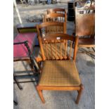 FOUR RETRO TEAK DINING CHAIRS WITH SPINDLE BACKS (ONE SPINDLE MISSING)