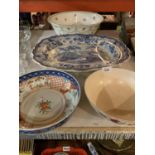 A VERY LARGE MINTONS OF GREENWICH BOWL(40 CM DIAMETER) TWO SMALLER BOWLS AND A LARGE MEAT PLATTER