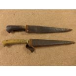 TWO LATE 19TH CENTURY PESH-KABZ KNIVES, 13.5CM BLADES, HORN GRIPS AND LEATHER SCABBARD