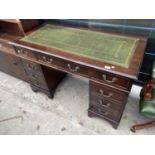 A 19TH CENTURY STYLE TWIN-PEDESTAL DESK WITH INSET LEATHER TOP, EIGHT SMALL DRAWERS AND ONE LONG