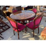 AN ITALIAN STYLE DINING TABLE, 47" DIAMETER AND FOUR BUTTON-BACK CHAIRS