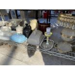 A LARGE ASSORTMENT OF KITCHEN ITEMS TO INCLUDE A CHEESE DISH, BUTTER DISH AND BISCUIT BARRELS ETC