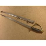 AN AMERICAN CIVIL WAR RE-ENACTMENT SWORD, 85CM BLADE, BRASS GUARD, METAL SCABBARD