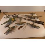 FIVE PAINTED PLASTIC MODELS OF WORLD WAR II AEROPLANES, RAF IDENTITY DISCS AND THREE WHIPS, A/F