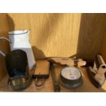 AN ASSORTMENT OF ITEMS TO INCLUDE A VINTAGE IRON, ENAMEL JUG AND PRESSURE GAUGE ETC