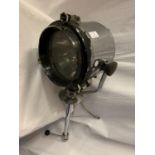 A MID TWENTIETH CENTURY CHROME PLATED NAUTICAL SEARCH LIGHT - 71CM LONG 22CM DIAMETER