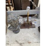 A VINTAGE INDUSTRIAL STYLE TABLE LAMP AND A RESIN BUST