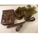 A WORLD WAR II IPERIOD JAPANESE BROWN LEATHER MAP CASE (A/F), LEATHER BELT AND TWO MILITARY CAPS (4)