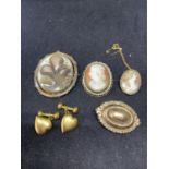 FOUR VARIOUS BROOCHES AND A PAIR OF CUFFLINKS TO INCLUDE A PINCHBECK AND TWO CAMEOS