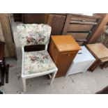 A SAKOL FURNITURE CD CABINET, PAINTED DINING CHAIR AND BATHROOM BOX STOOL