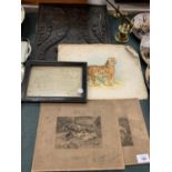 AN ASSORTMENT OF ITEMS TO INCLUDE CARVED WOODEN PANEL, BRASS WEIGHT, FRAMED ADMIRAL FITZROY