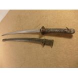 A 20TH CENTURY JAPANESE SWORD, PAINTED MOULDED GRIP,70CM BLADE, METAL SCABBARD, VARNISHED