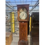 A 19TH CENTURY MAHOGANY AND INLAID EIGHT DAY LONGCASE CLOCK WITH ENAMEL DIAL DEPICTING BRITANNIA