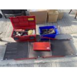 A TOOL BOX AND CONTENTS, SOCKET SET, WORK PLATFORM, G CLAMPS ETC