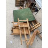 A QUANTITY OF WOODEN EASELS AND A CARD TABLE