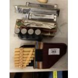 A COLLECTION OF HARMONICAS, A SMALL PAN PIPE IN CASE AND A GUITAR FINGER TRAINER PORTABLE HAND