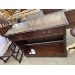 A MAHOGANY AND INLAID OPEN BOOKCASE WITH TWO FRIEZE DRAWERS, 39.5" WIDE