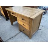 A MODERN OAK SINGLE PEDESTAL DESK WITH THREE DRAWERS AND DRAWER WITH DROP-FRONT, 51.5x26.5"