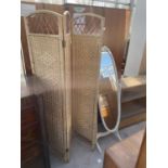 A WICKER THREE DIVISION SCREEN AND CREAM/GILT CHEVAL