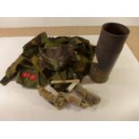 THREE MILITARY PULL THROUGHS, 76MM SHELL CASE, COLLECTION OF ARMBANDS ETC