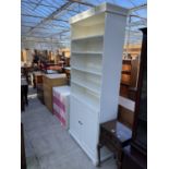 A MODERN CHEST OF FOUR DRAWERS AND WHITE CABINET WITH OPEN SHELVING