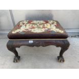 A GEORGE III STYLE STOOL ON CABRIOLE LEGS WITH BALL AND CLAW FEET AND TAPESTRY TOP, 26x21"