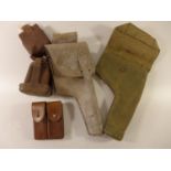 A WHITE LEATHER PISTOL HOLSTER, THREE LEATHER CARTRIDGE POUCHES ETC (5)