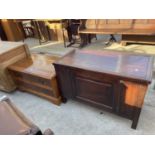 A YEW WOOD TV/VIDEO STAND AND OAK BLANKET CHEST