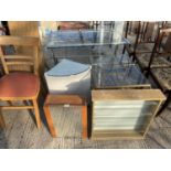 TWO GLASS TOP TABLES, BATHROOM WALL CABINET, CORNER LLOYD LOOM STYLE OTTOMAN AND TRINKET DISPLAY